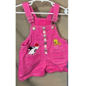 Vintage 1997 Looney Tunes Tweety Sylvester Pink Denim Overalls Shortalls 2T